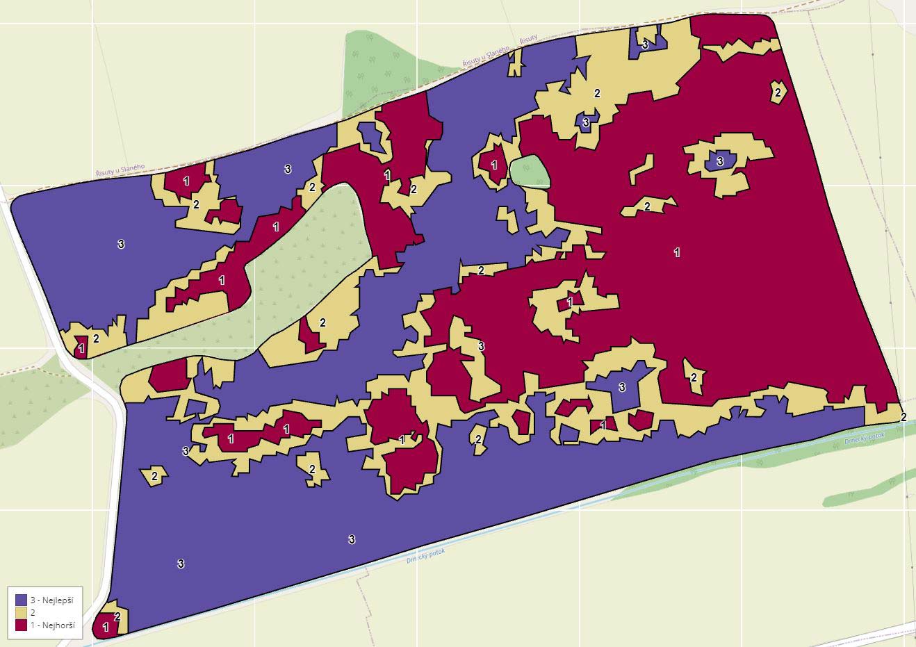 Obr. 1 - Mapa RVP se třemi zónami - řízená klasifikace (ilustrativní ukázka)